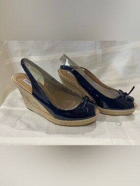 Steve Madden Navy Patent Peep-Toe Espadrille Wedges
